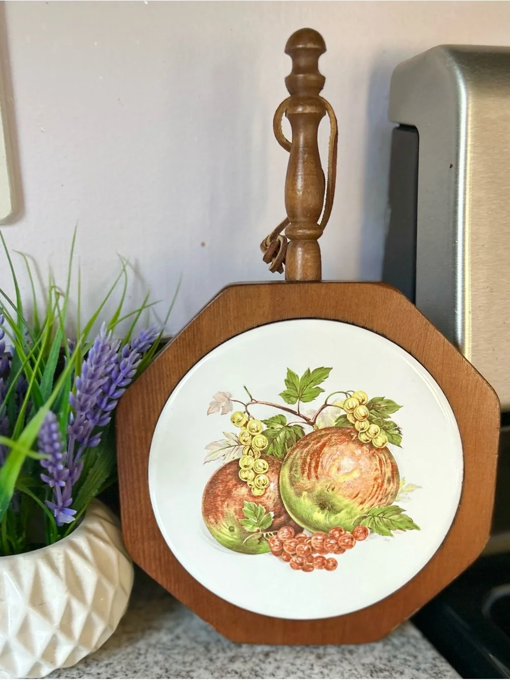 Vintage Wooden Fruit and Veggie Trivet with Design of Apples + Grapes